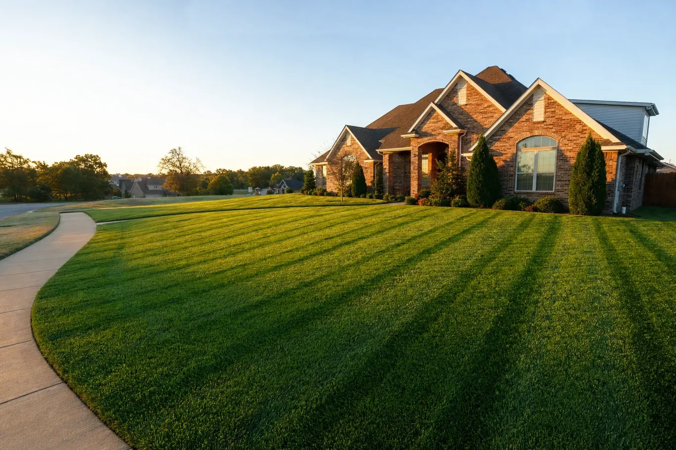 Freshly striped lawn in front of a home by Brothers Lawn and Tree Service in the DFW area.